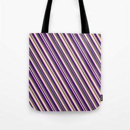 [ Thumbnail: Indigo, Dim Grey, and Tan Colored Lined Pattern Tote Bag ]