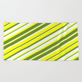 [ Thumbnail: Yellow, Green & Mint Cream Colored Lined Pattern Beach Towel ]