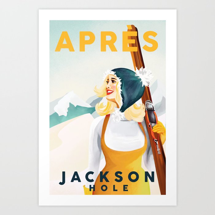 Apres Ski Jackson Hole Vintage Pinup Girl Skiing Art Print