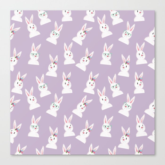 Easter Bunny With Glasses And Flowers Pattern Lavander Canvas Print