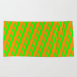 [ Thumbnail: Lime and Dark Orange Colored Stripes/Lines Pattern Beach Towel ]