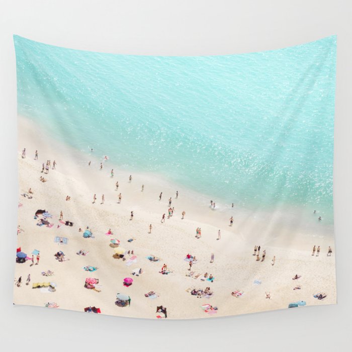 Aerial Beach Photography -  Pastel Ocean  - Colorful Beach Umbrellas - Sea Travel photography Wall Tapestry