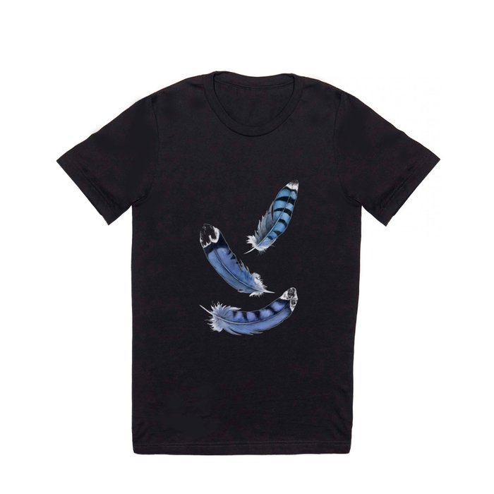 Falling Feather, Blue Jay Feather, Blue Feather watercolor painting by Suisai Genki T Shirt