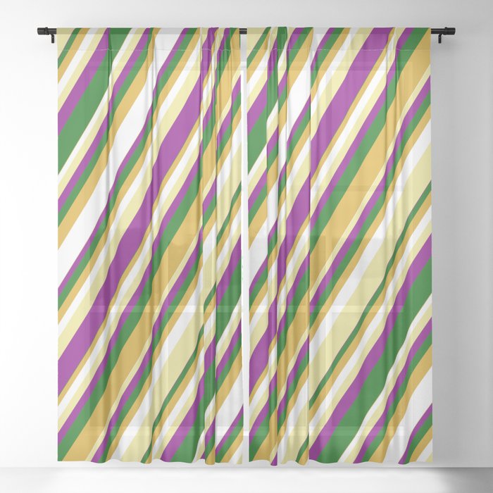 Tan, Purple, Dark Green, Goldenrod, and White Colored Lined/Striped Pattern Sheer Curtain