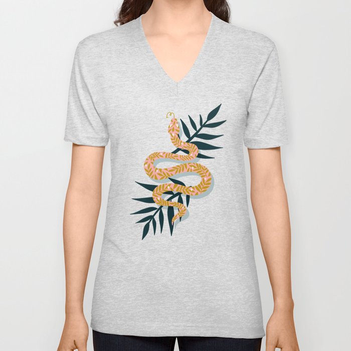Tropical Serpent – Teal & Blush V Neck T Shirt