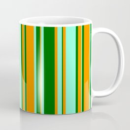 [ Thumbnail: Dark Orange, Dark Green, and Aquamarine Colored Stripes Pattern Coffee Mug ]