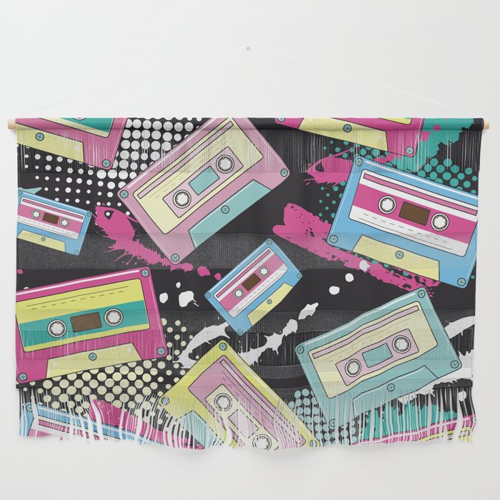 Multi Colored cassettes on a black background seamless pattern Wall Hanging
