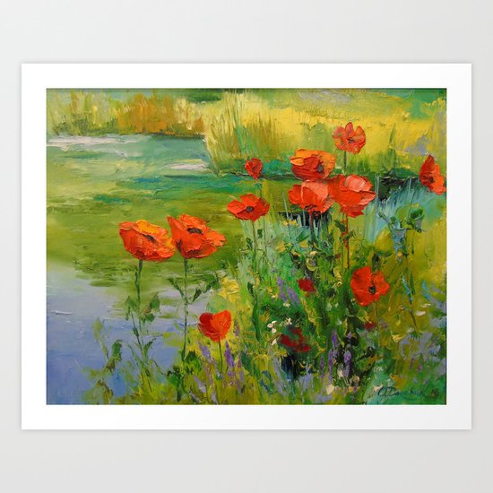 Poppies by the pond Art Print