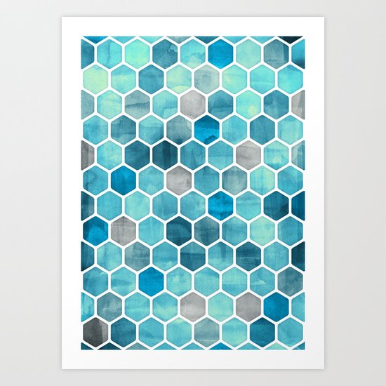 Blue Ink - watercolor hexagon pattern Art Print