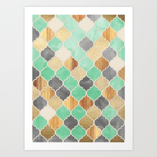 Charcoal, Mint, Wood & Gold Moroccan Pattern Art Print