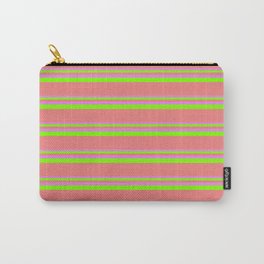 [ Thumbnail: Violet, Chartreuse, and Light Coral Colored Lined/Striped Pattern Carry-All Pouch ]