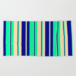 [ Thumbnail: Tan, Dark Blue & Green Colored Stripes/Lines Pattern Beach Towel ]