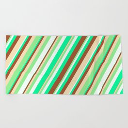 [ Thumbnail: Eye-catching Green, Sienna, Tan, Light Green, and Mint Cream Colored Striped/Lined Pattern Beach Towel ]