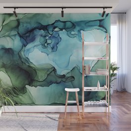 Land and Water Abstract Ink Painting Blues and Greens Wall Mural