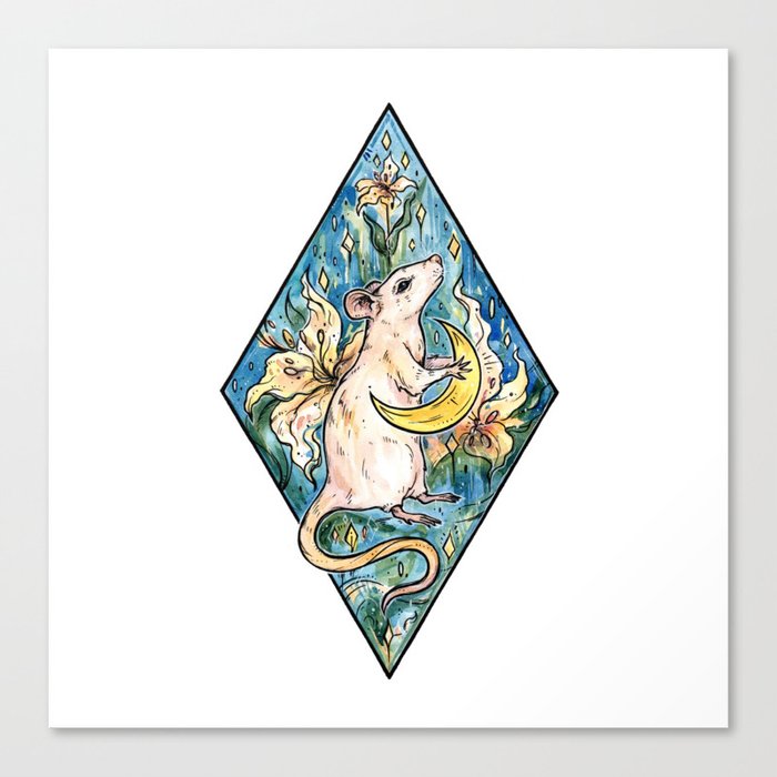 Rat with moon and lily ~ watercolor illustration Canvas Print
