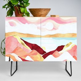 Alpine mountain pink sunset watercolor landscape painting for home, bedroom, living room, and wall decor Credenza