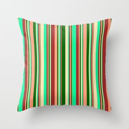 [ Thumbnail: Eye-catching Brown, Green, Beige, Dark Green & Light Salmon Colored Lined/Striped Pattern Throw Pillow ]