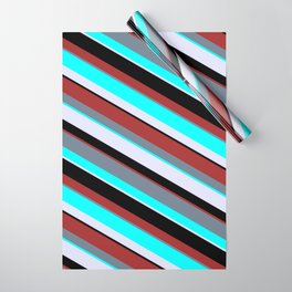 [ Thumbnail: Brown, Slate Gray, Aqua, Lavender, and Black Colored Striped Pattern Wrapping Paper ]