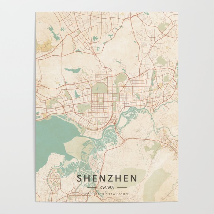 Shenzhen, China - Vintage Map Poster