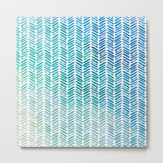 Handpainted Herringbone Chevron pattern-small-aqua watercolor on white Metal Print