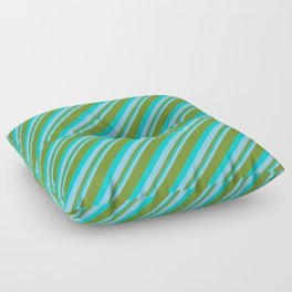 [ Thumbnail: Sky Blue, Green & Dark Turquoise Colored Striped Pattern Floor Pillow ]