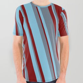 [ Thumbnail: Slate Gray, Sky Blue & Maroon Colored Lined/Striped Pattern All Over Graphic Tee ]