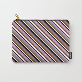 [ Thumbnail: Eyecatching Plum, Grey, Brown, White & Black Colored Striped/Lined Pattern Carry-All Pouch ]