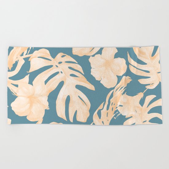 Island Vacay Hibiscus Palm Leaf Coral Teal Blue Beach Towel