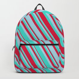 [ Thumbnail: Turquoise, Crimson, and Light Blue Colored Lined Pattern Backpack ]