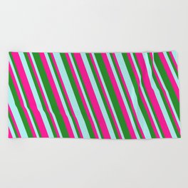 [ Thumbnail: Turquoise, Deep Pink, and Forest Green Colored Pattern of Stripes Beach Towel ]