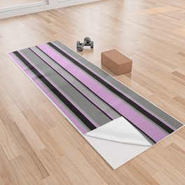 [ Thumbnail: Plum, Black, Gray, and Dark Grey Colored Striped/Lined Pattern Yoga Towel ]