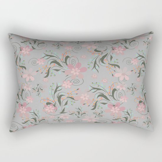 Retro . Pink flowers on grey background . Rectangular Pillow