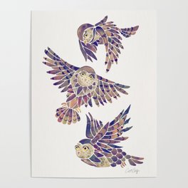 Owls in Flight – Mauve Palette Poster