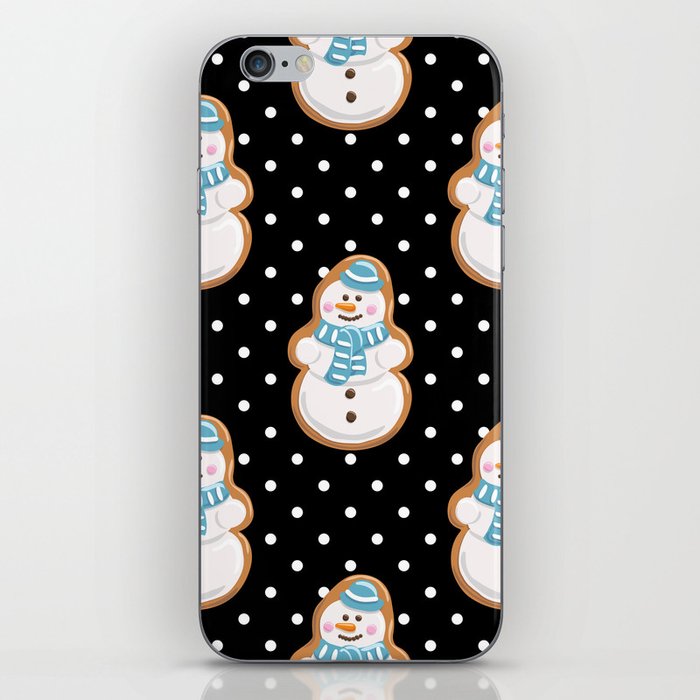 Christmas Gingerbread Seamless Pattern. Snowman Ginger Cookies on Polka Dot Black Background iPhone Skin