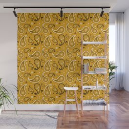 Black and White Paisley Pattern on Mustard Background Wall Mural