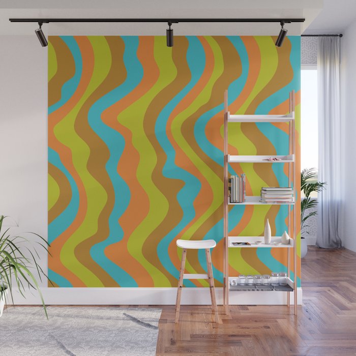 GOOD VIBRATIONS GROOVY MOD RETRO WAVY STRIPES in 60s ORANGE LIME GREEN BUTTERSCOTCH AQUA Wall Mural