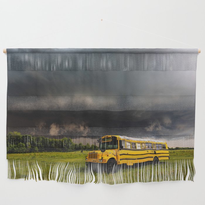 Thunder Bus - Thunderstorm Advances Over Old School Bus on Stormy Spring Day in Oklahoma Wall Hanging