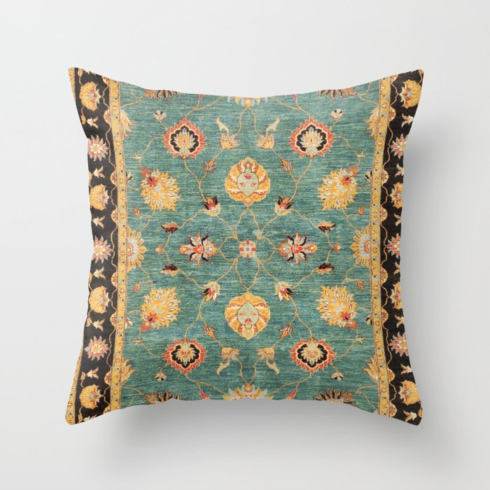 Oushak  Antique Gold Teal Turkish Rug Print Throw Pillow