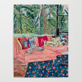 Napping Brown Tabby Cat on Pink Couch with Jungle Background Painting After Matisse Poster