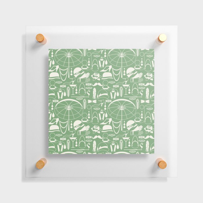White Old-Fashioned 1920s Vintage Pattern on Vintage Green Floating Acrylic Print