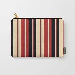 [ Thumbnail: Beige, Red, and Black Colored Striped Pattern Carry-All Pouch ]