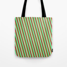 [ Thumbnail: Brown, Green, Beige, Forest Green & Crimson Colored Lined Pattern Tote Bag ]