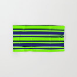 [ Thumbnail: Green and Midnight Blue Colored Lines/Stripes Pattern Hand & Bath Towel ]