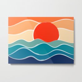 Retro 70s and 80s Color Palette Mid-Century Minimalist Nature Waves and Sun Abstract Art Metal Print | Color, Blue, Orange, Digital, Nature, Pattern, Art, Mid Century, Waves, Beach 