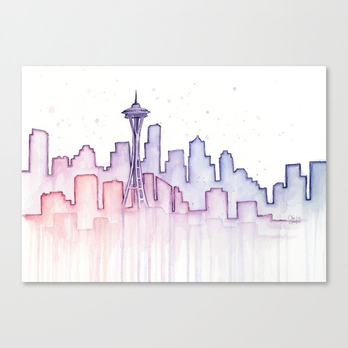 Seattle Skyline Watercolor Canvas Print By Olechka Society6