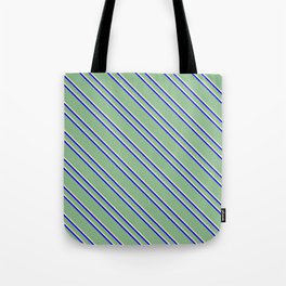 [ Thumbnail: Dark Sea Green, Pale Goldenrod, and Blue Colored Striped Pattern Tote Bag ]