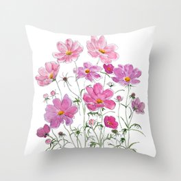 pinkish purple cosmos flowers watercolor and ink  Throw Pillow