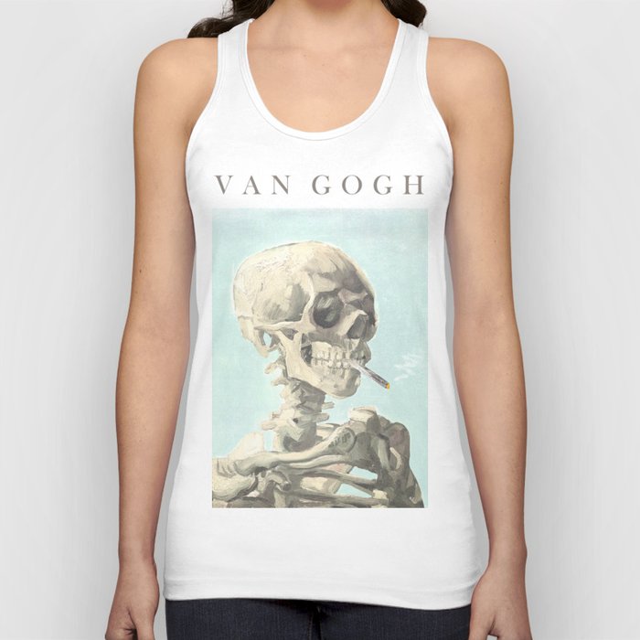 Vincent Van Gogh - Skull of a skeleton with burning cigarette (version with text & blue background) Tank Top