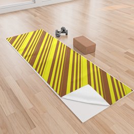[ Thumbnail: Yellow & Brown Colored Stripes/Lines Pattern Yoga Towel ]