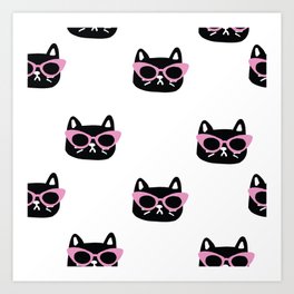 Sassy cat head in 50s sunglasses Art Print | Pattern, 70S, Black, Pink, Repeat, Head, Face, Graphic, 50S, Drawing 